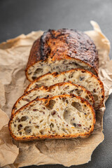 Bread cereal sunflower, chia, flax seed, cut oats fresh tasty food dish delicious gourmet food background on the table rustic food top view copy space vegetarian and vegan food