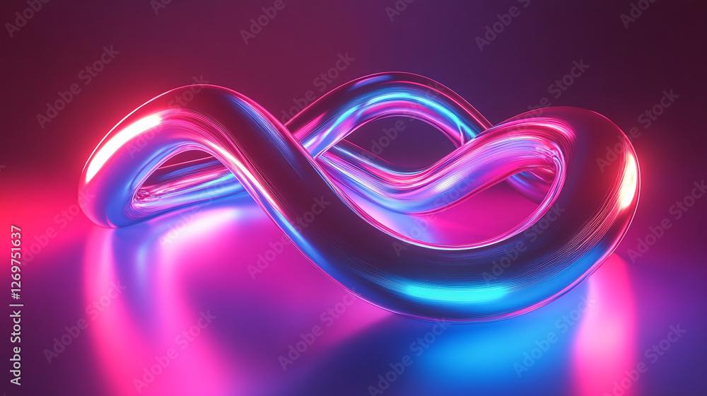 Aufkleber 3d rendering of a glowing infinite loop in neon pink and blue light on a dark reflective surface, sy