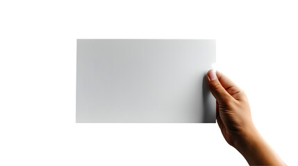 Fototapeta premium Hand Holding Paper Blank White Mockup, Minimalist Design for Advertisements, isolated on transparent background.
