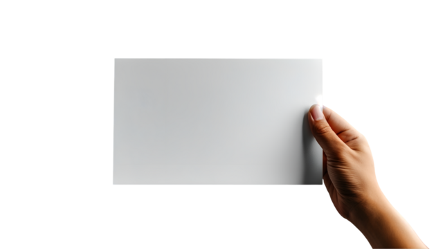 Hand Holding Paper Blank White Mockup, Minimalist Design for Advertisements, isolated on transparent background.