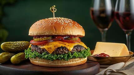 Juicy cheeseburger with wine and pickles