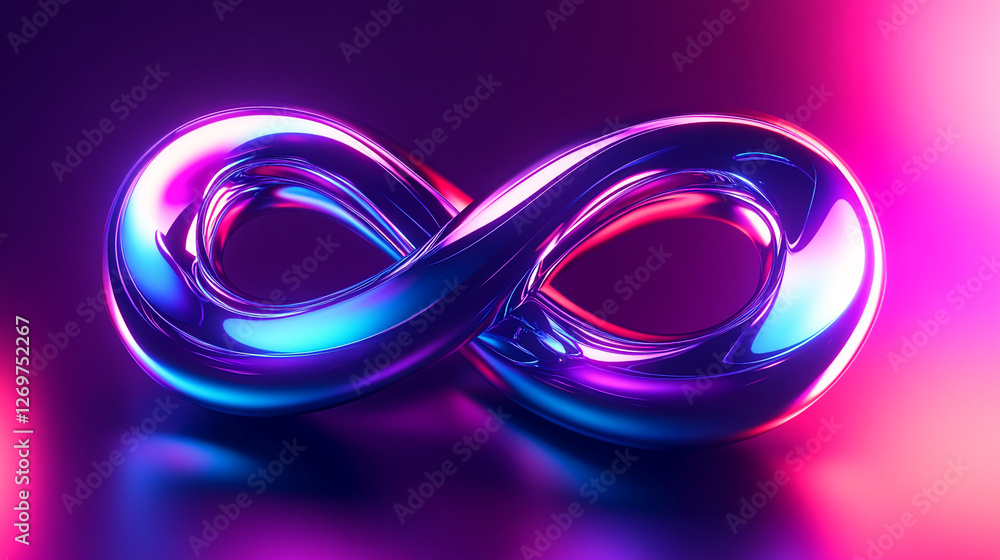 Poster a glowing neon infinity symbol in pink and blue light, representing continuity and limitless possibi