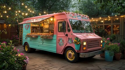 A floral-themed taco truck at a garden party