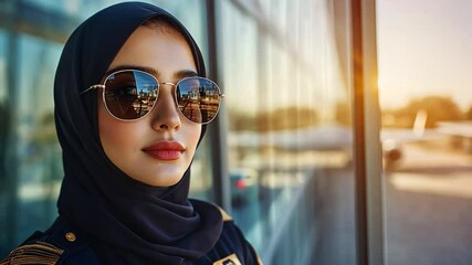 Female Muslim Pilot at Airport Terminal at Sunset