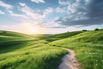 Fototapeta premium Sunset Over Rolling Hills: A picturesque winding path meanders through vibrant green hills bathed in the golden light of a setting sun. The scene evokes tranquility and a sense of adventure.