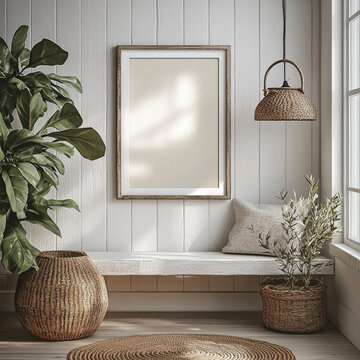 A framed piece of artwork mockup in a farmhouse, in the entry way of the home.