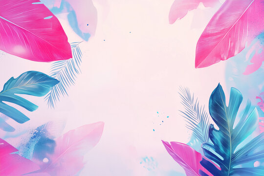 Abstract summer background with pink and blue leaves and palm tree elements, pastel color theme, empty space in the middle for text or product