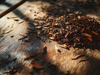 loose Hojicha tea leaves scattered on a rustic wooden table, illuminated by natural light