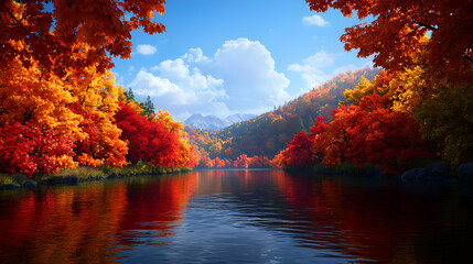 Obraz premium Autumnal River Landscape with Colorful Trees Reflections and Distant Mountains Under a Partly Cloudy Blue Sky