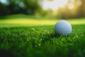 Obraz premium Golf ball resting on lush green grass in a well-maintained golf course landscape