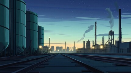 Fototapeta premium Industrial Plant at Twilight with Railroad Tracks