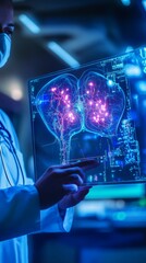Obraz premium Medical Professional Examines Detailed Holographic Display of Human Kidneys and Spine in a High-Tech Laboratory During a Research Session