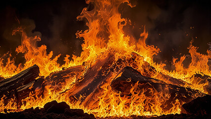 Raging bonfire, intense orange flames, burning logs, nighttime scene, dark background