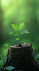 A small plant with green leaves growing from a tree stump in a serene forest, symbolizing renewal, growth, and the power of nature in a peaceful woodland environment.
