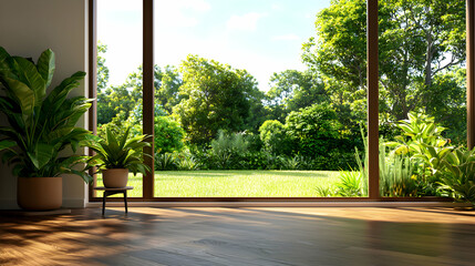 Naklejka premium Bright Interior with Plants by Large Window Overlooking Lush Green Garden on Sunny Day