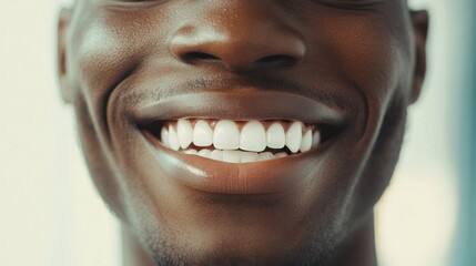 Fototapeta premium A Closeup Portrait of a Man's Bright, Radiant Smile Showcasing Healthy Teeth and Glowing Skin