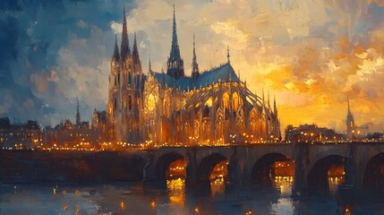 Fototapeta premium Majestic Gothic Cathedral with Glowing Spires and Candlelit Windows at Dusk