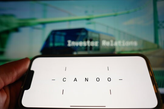 Roosendaal, The Netherlands - February 16, 2025:.A mobile phone displaying the logo of Canoo, with the company website in the background.