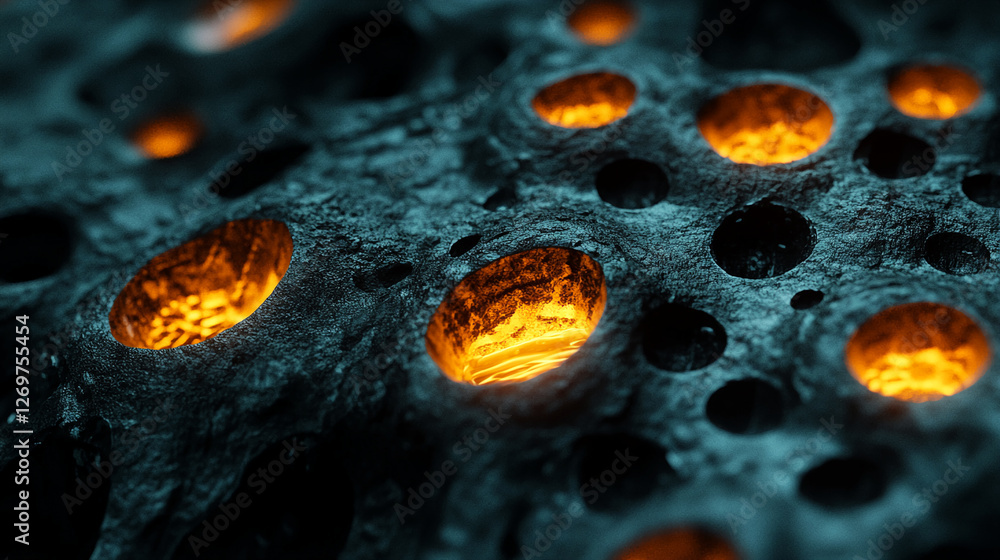 Poster Close-up shot of a textured surface with circular holes and glowing orange light in the center, showcasing an abstract, futuristic design with elements of technology and depth.
