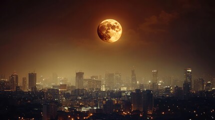 Orange Moon Over Night City Skyline