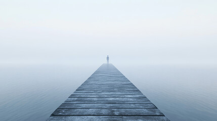 Obraz premium A person standing at the exact center of a long, empty pier