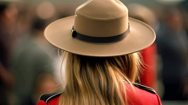 Beautiful smiling young female Canadian mounty looking at the camera	
