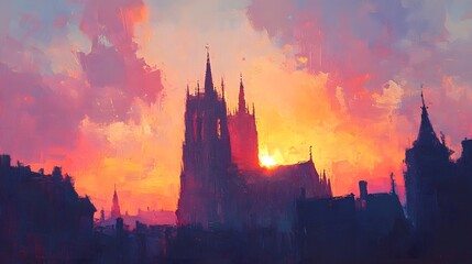 Naklejka premium Glorious Sunrise Over Towering Medieval Cathedral, Radiant Oil Painting with Bold Brushstrokes