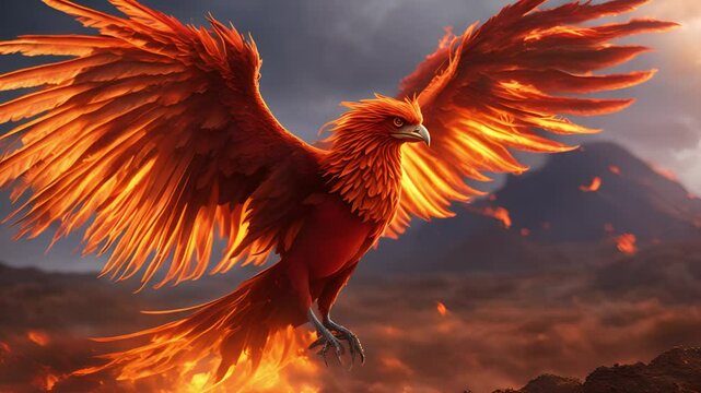 A magnificent phoenix bursts from the fiery ashes of a volcanic landscape, its wings blazing with brilliant flames 4K