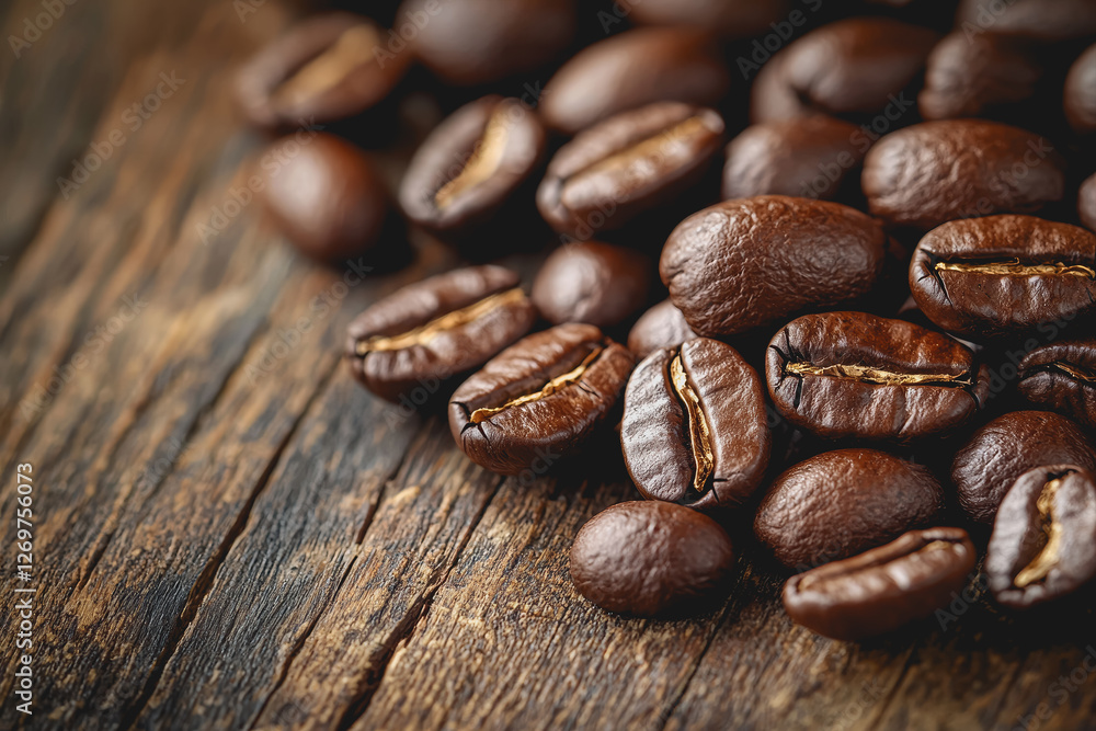 Poster coffee beans spread on a rustic wooden table ready for brewing or roasting in a cozy setting