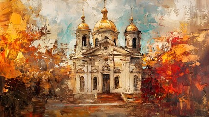 Obraz premium Exquisite Baroque Church with Magnificent Golden Domes in Warm Autumnal Setting