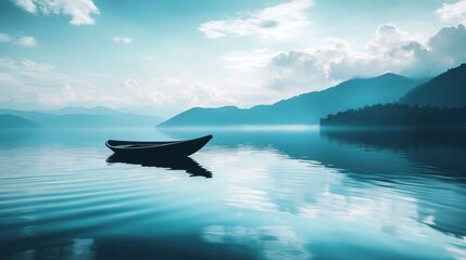 Serene lake reflects cloudy sky and mountains with a lone boat