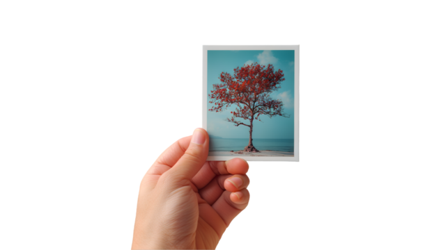 Tropical Beach Print Red Leaves and Palm Trees, Relaxing Summer Vacation Scene, isolated on transparent background.