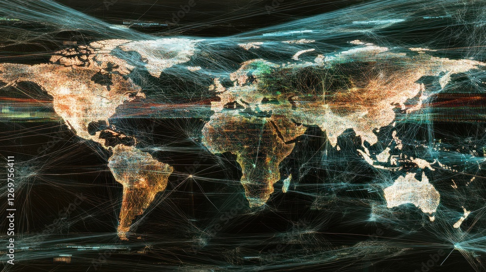 Poster a digital world map showcases intricate global network connections