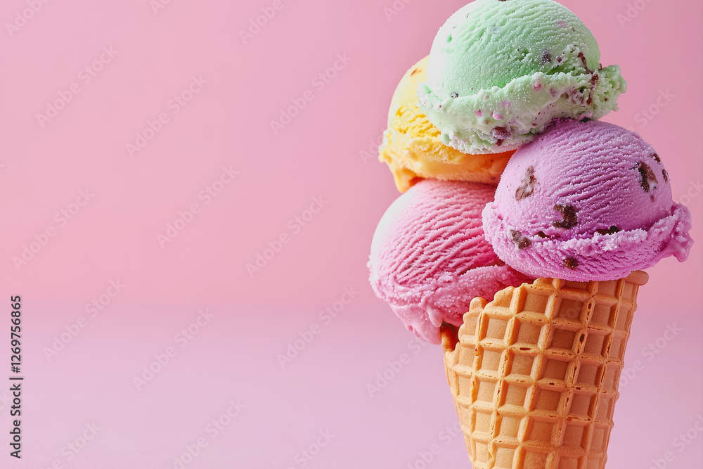 Poster three scoops of colorful ice cream on a pink background in a simple and appealing presentation
