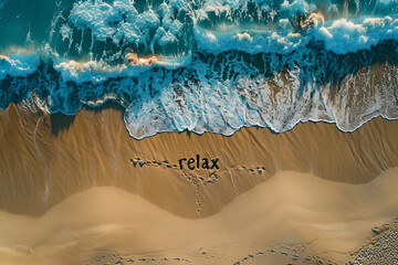 Fototapeta premium Top-View auf einen Strand mit Meereswellen und 'Relax' im Sand – Urlaub, Erholung, Entspannung, Sommer, Meer, Strand, Natur, Reise