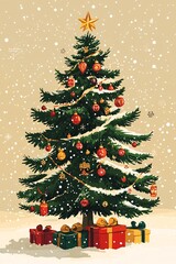 Obraz premium Christmas tree standing in the snow with gifts underneath