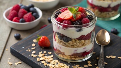 Fresh berry parfait in a glass jar layered with creamy yogurt, granola, and assorted berries at a rustic kitchen table