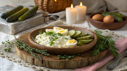 Rustic platter with cottage cheese, sliced cucumbers, boiled eggs, and fresh herbs in a cozy dining setting