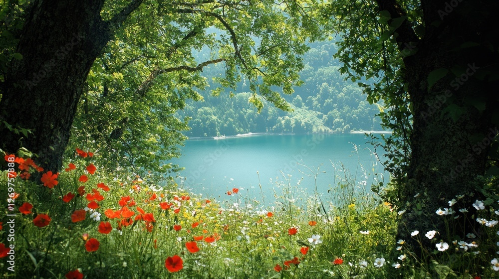 Poster serene lake view framed by trees and wildflowers