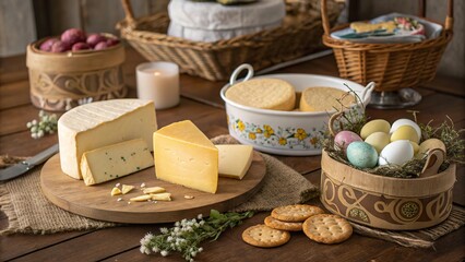 Rustic wooden table showcases a delightful collection of Easter treats including cheeses, crackers, and colorful eggs