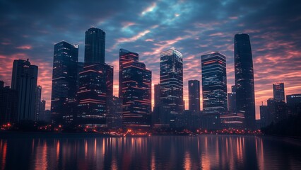 Fototapeta premium urban skyline featuring a cluster of futuristic high-rise buildings with unique designs, glowing lights at dusk