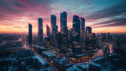 Fototapeta premium urban skyline featuring a cluster of futuristic high-rise buildings with unique designs, glowing lights at dusk