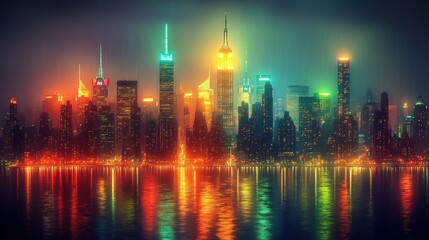 Fototapeta premium Night cityscape with vibrant neon lights reflecting on water.