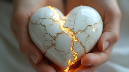 Cracked Heart Stitched with Golden Thread – Kintsugi Healing Concept.