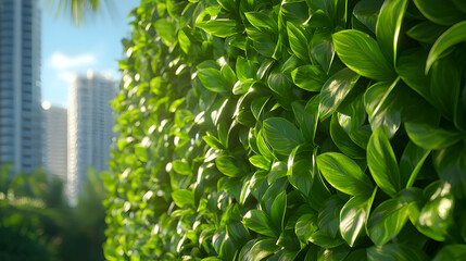 Obraz premium Close Up Green Hedge with Buildings in Background on a Sunny Day