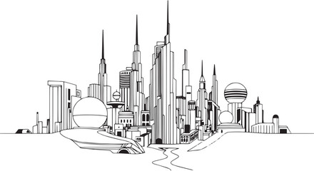 Obraz premium City landscape. Different buildings on street, outline cityscape hand sketch, flat houses. Hand drawn vector illustration