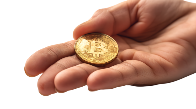 Golden Bitcoin in Hand Digital Coin Closeup, Symbol of Wealth and Future Value, isolated on transparent background.