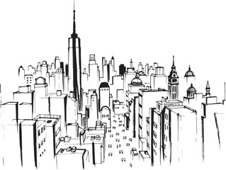 Obraz premium City landscape. Different buildings on street, outline cityscape hand sketch, flat houses. Hand drawn vector illustration