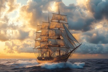 Obraz premium Majestic sailing ship cuts through sunset waves