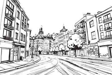 City landscape. Different buildings on street, outline cityscape hand sketch, flat houses. Hand drawn vector illustration